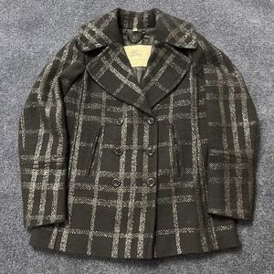 Burberry London Pea Coat Womens 8 Gray Wool Check Tweed Double Breasted Italy
